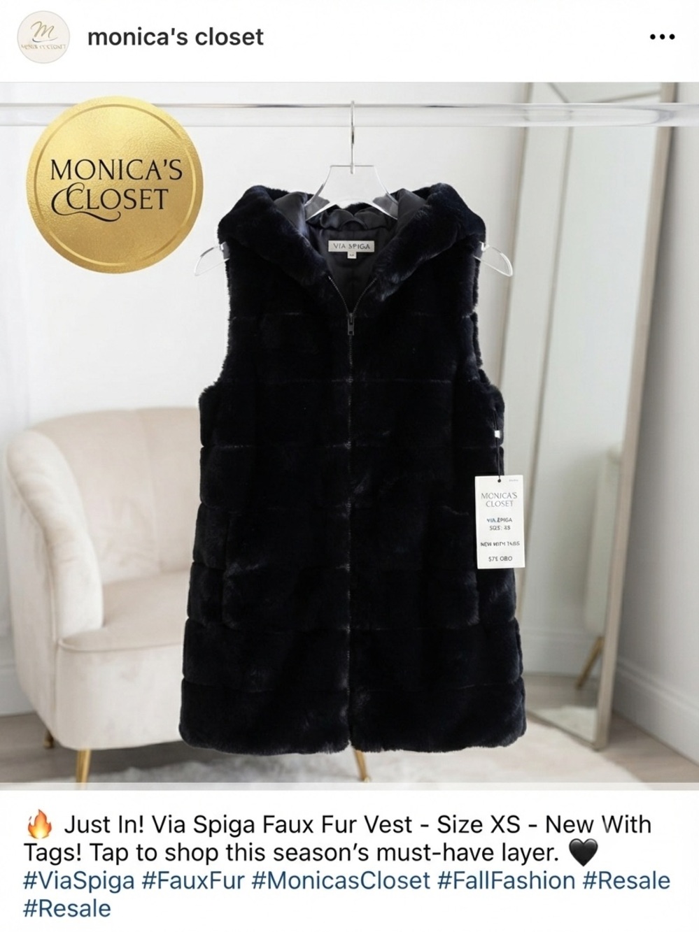 Via Spiga Black Faux Fur Hooded Vest